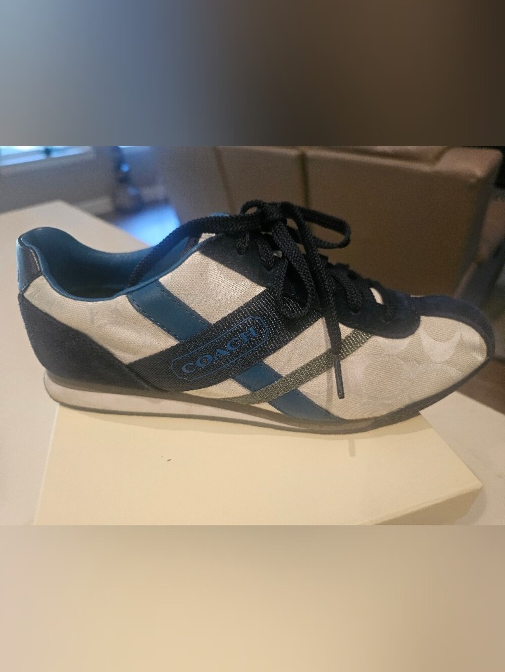Coach White and Navy Runner Sneaker with Teal Accents